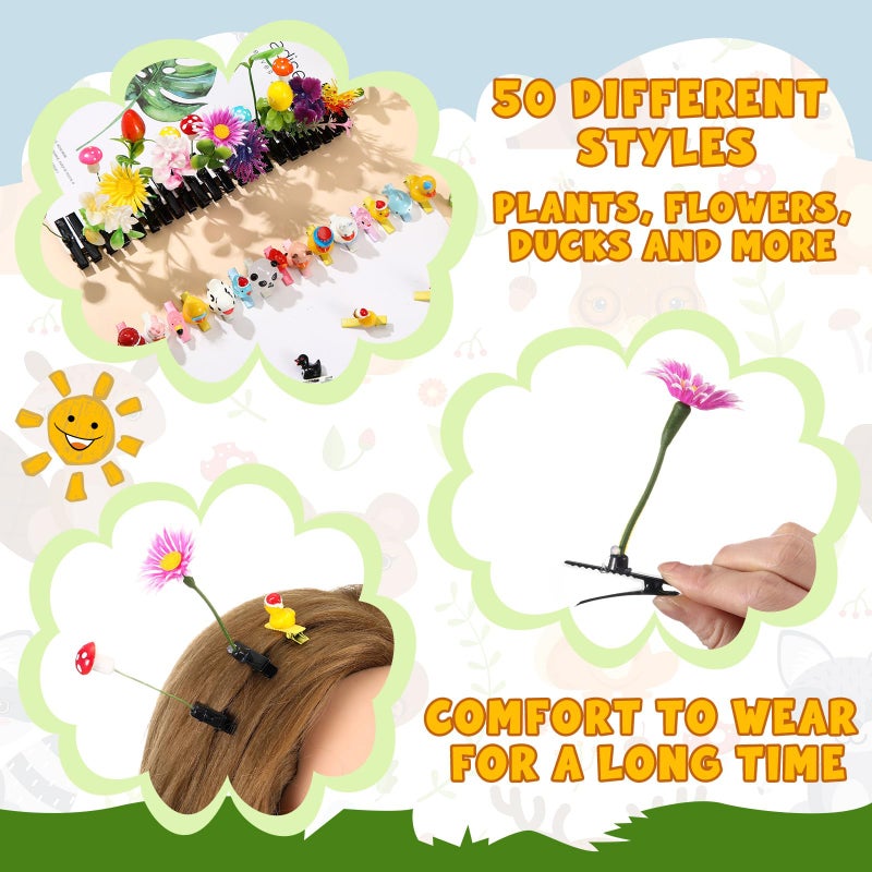 Solsew 100 Pcs Funny Bean Sprout & Duck Hair Clips Set, Rave Mixed Styles Multi-color Hair Clips, Novelty Plant and Animal Hairpins for Women Girls Music Festivals Beach Party Irish Home Christmas - Image 3